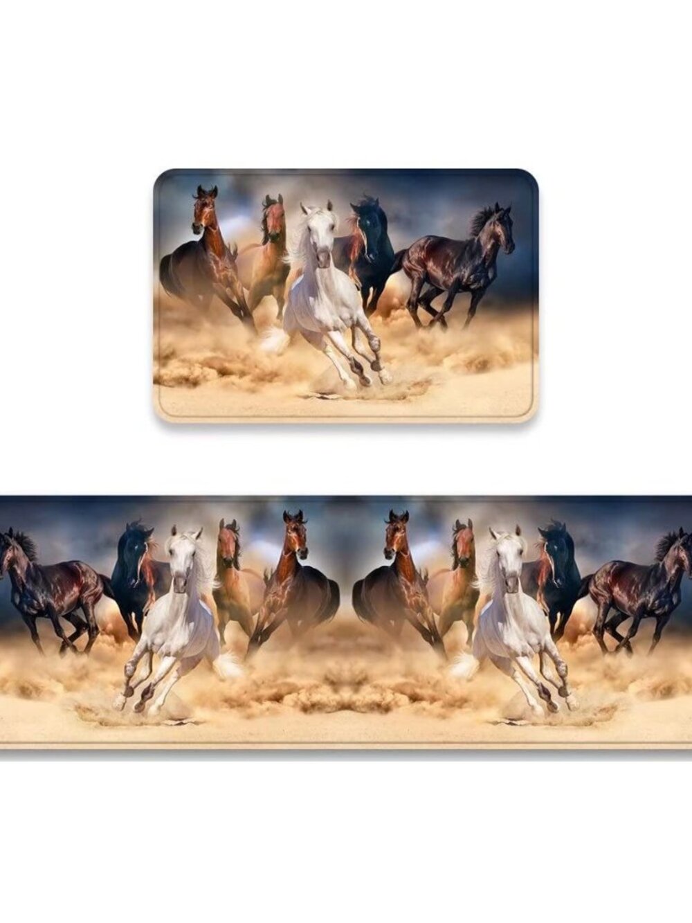 Animal Running Horse Kitchen Rug Set 2 Pieces Horses Herd Run in Desert Sand